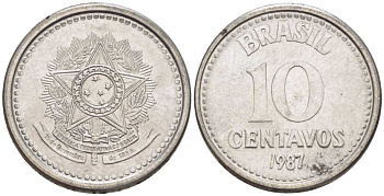 БРАЗИЛИЯ 10 СЕНТАВО 1987 РЕФОРМА 1986-1989 KM 602 нержавеющая сталь 100-1118