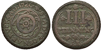 Оснабрюк 3 пфеннига 1726 IW Kennepohl 481 медь 75-626