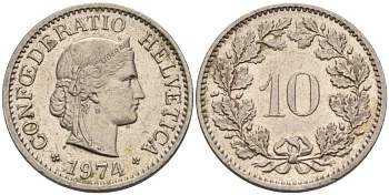 Швейцария 10 раппенов 1974 KM 27 медно-никель 75-1415