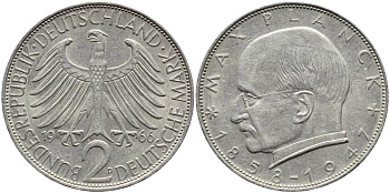 ФРГ 2 марки 1966 D, Макс Планк КМ 116 J.392 медно-никель плакированный никелем 85-457