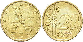 Италия 20 евроцентов 2002 KM 214 нордик UNC 4614-758