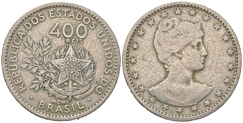 Бразилия 400 реалов 1901 MCMI, голова свободы вправо KM 505 медно-никель 4612-421