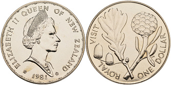 Новая Зеландия 1 доллар 1981 Королевский визит, английский дуб, Елизавета II (1952-2022) KM 50 медно-никель UNC 58-623
