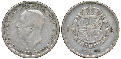 Швеция 1 крона 1943 G, Густав V (1907-1950) KM 814 серебро 4178-657