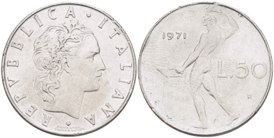 ИТАЛИЯ 50 ЛИР 1971 R, КУЗНЕЦ, ВУЛКАН БОГ ОГНЯ, ДИАМЕТР 25 ММ. KM 95.1 нержавеющая сталь 117-611