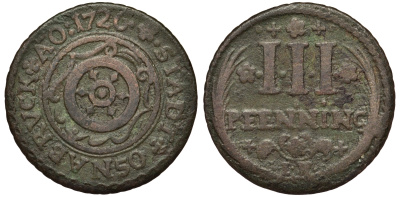 Оснабрюк 3 пфеннига 1726 IW Kennepohl 481 медь 75-626