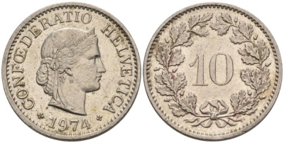 Швейцария 10 раппенов 1974 KM 27 медно-никель 75-1415