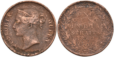 Стрейтс-Сетлментс 1 цент 1862 Виктория (1837-1901), Ост-Индская компания KM 6 медь 4590-245