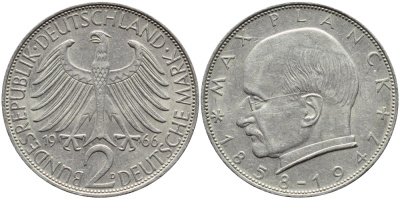 ФРГ 2 марки 1966 D, Макс Планк КМ 116 J.392 медно-никель плакированный никелем 85-457
