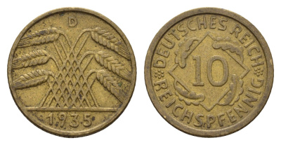 Германия 10 рейхспфеннигов 1935 D KM 40, J. 317 алюминиевая бронза 4651-766