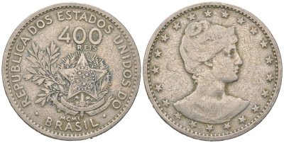 Бразилия 400 реалов 1901 MCMI, голова свободы вправо KM 505 медно-никель 4612-421