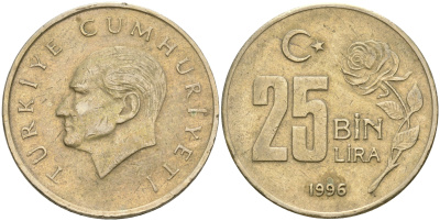 Турция 25000 лир 1996 Мустафа Кемаль Ататюрк KM 1041 медь никель цинк 4364-1847