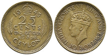 ЦЕЙЛОН 25 ЦЕНТОВ 1943 ГЕОРГ VI KM 115 никель латунь 100-1242