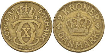 ДАНИЯ 2 КРОНЫ 1925 HCN; GJ, КРИСТИАН X (1912-1947) KM 825.1 алюминиевая бронза 38-432