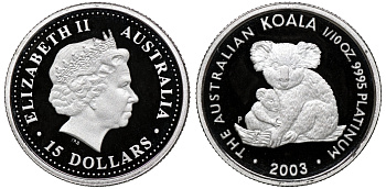 Австралия 15 долларов 2003 коала KM 926 платина PROOF 7-4-1-46