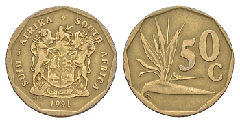 ЮАР 50 центов 1991 Зантедеския Эллиота (калла), герб KM 137 сталь плакированная бронзой 4618-616