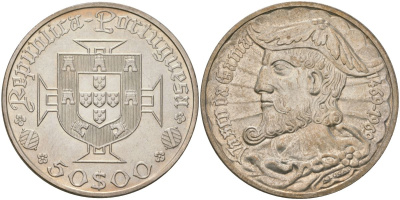 Португалия 50 эскудо 1969 INCM, 500 лет со дня рождения Васко да Гама KM 598 серебро aUNC 4552-911