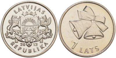 Латвия 1 лат 2012 рождественские колокольчики KM 136 медно-никель UNC M30-06