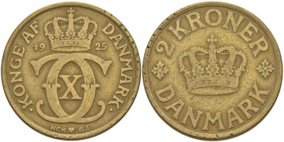ДАНИЯ 2 КРОНЫ 1925 HCN; GJ, КРИСТИАН X (1912-1947) KM 825.1 алюминиевая бронза 38-432