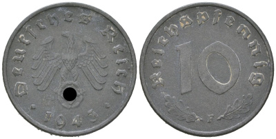 Германия 10 рейхспфеннигов 1943 F KM 101, J. 371 цинк 4124-116