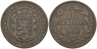 Люксембург 10 сантимов 1870 Виллем III (1849-1890) KM 23 бронза 94-325