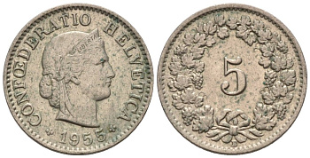 Швейцария 5 раппенов 1955 В KM 26 медно-никель 4576-928