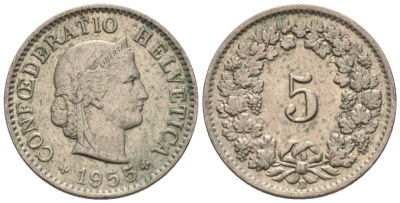 Швейцария 5 раппенов 1955 В KM 26 медно-никель 4576-928
