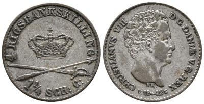 ДАНИЯ 4 СКИЛЛИНГА 1842 VS, КРИСТИАН VIII (1839-1848), SKILLING RIGSMONT KM 721.2 (С123.2) серебро 100-752