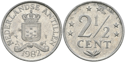 Нидерландские Антилы 2 1/2 цента 1982 Беатрикс (1980-2013) KM 9а алюминий 94-535