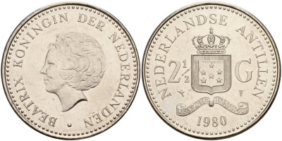 Нидерландские Антилы 2 1/2 гульдена 1980 Беатрикс (1980-2013) KM 19 никель UNC 4179-1312