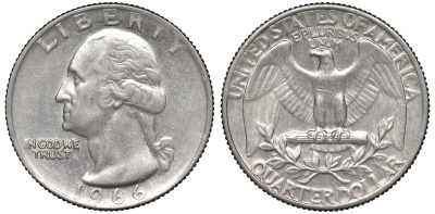 США 25 центов (квотер) 1966 Вашингтон KM 164a медь плакированная медно-никелем 53-854