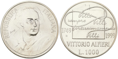 Италия 1000 лир 1999 R, 250 лет со дня рождения Витторио Альфьери KM 221 серебро BU 4367-1131