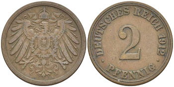 Германия 2 пфеннига 1912 A KM 16, J. 11, Weege 4 медь 212-412