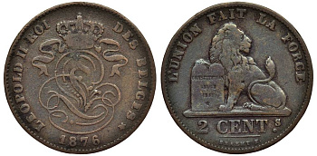 Бельгия 2 сантима 1876 Belges, Леопольд II (1865-1909) KM 35.1 медь 27-816