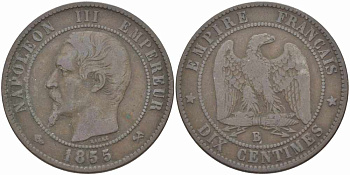 ФРАНЦИЯ 10 САНТИМОВ 1855 B, НАПОЛЕОН III (1852-1870) KM 771.2, LE FRANC 133.21 бронза 38-1044