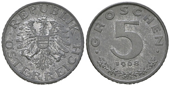 Австрия 5 грошей 1968 KM 2875 цинк aUNC 3955-665