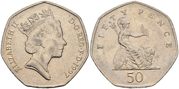 Великобритания 50 пенсов 1997 Елизавета II (1952-2022) KM 940.2, Spink 4351 (H7) медно-никель 84-1046