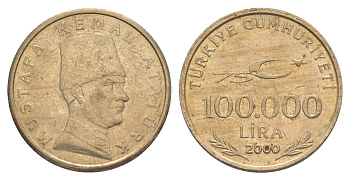 Турция 100000 лир 2000 Кемаль Ататюрк KM 1078 медь цинк никель UNC 4648-931