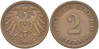 ГЕРМАНИЯ 2 ПФЕННИГА 1911 F KM 16, J. 11, Weege 4 медь 206-564
