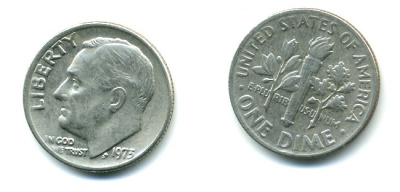 США 10 ЦЕНТОВ = 1 ДАЙМ 1973 РУЗВЕЛЬТ KM 195а медь плакированная медно-никелем 54-313