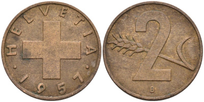 Швейцария 2 раппена 1957 В KM 47 бронза 4591-1155