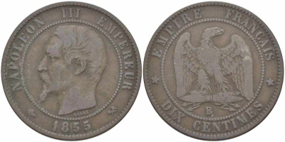 Франция 10 сантимов 1855 B, Наполеон III (1852-1870) KM 771.2, Le Franc 133.21 бронза 38-1044