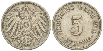 Германия 5 пфеннигов 1911 A KM 11, J. 12, Weege 6 медно-никель 105-151