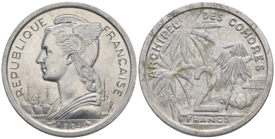 Французские Коморские острова 2 франка 1964 пальмы KM 5 алюминий UNC 87-643