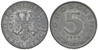 Австрия 5 грошей 1968 KM 2875 цинк aUNC 3955-665