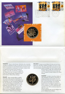 Нидерланды 1 экю 1996 Отдых, в оригинальном конверте, с марками, первый день гашения X 214 медно-никель BU 4-3-8-33