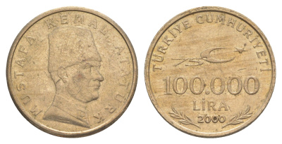 Турция 100000 лир 2000 Кемаль Ататюрк KM 1078 медь цинк никель UNC 4648-931