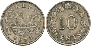Мальта 10 центов 1972 баржа Великого магистра KM 11 медно-никель 82-332