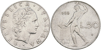 Италия 50 лир 1955 R, бог огня Вулкан у наковальни KM 95.1 нержавеющая сталь 4171-1014