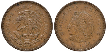 Мексика 50 сентаво 1956 Мо, Куаутемок, последний правитель империи ацтеков KM 450 бронза 4567-1034